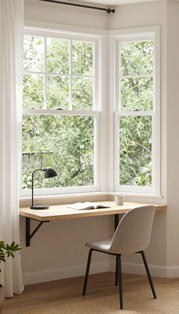 Bright bedroom bay window with a curved floating wood desk, slim bracket supports, upholstered chair, small lamp, notebook, and mug, surrounded by sheer curtains and natural daylight.