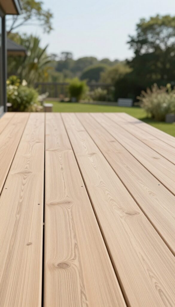 Modern composite deck with hidden fasteners showing a smooth, seamless surface with no visible screws in bright natural light