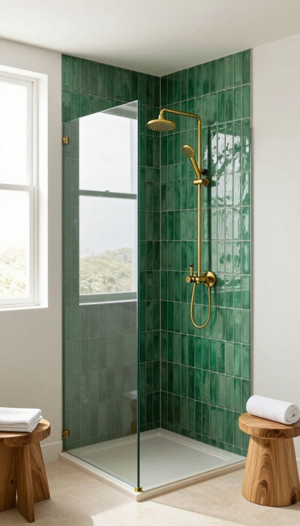Deep emerald green vertical stack shower tiles with glossy finish, brass fixtures, frameless glass, and bright natural light in a modern bathroom.