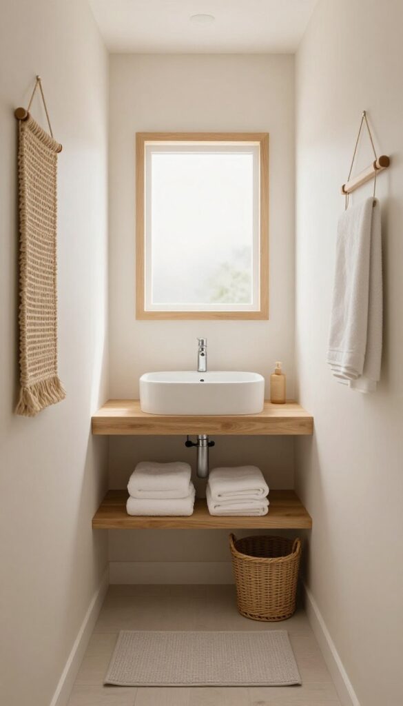 Bright small hallway bathroom with soft white and warm beige walls, light wood accents, woven storage basket, plush white towels, and natural daylight creating an airy layered-texture look.