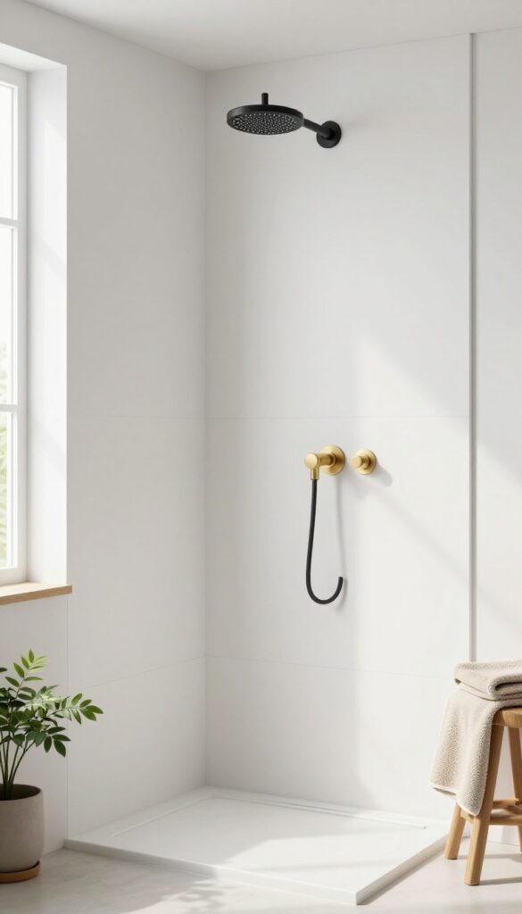 Matte white minimal shower wall panels in a bright bathroom with black fixtures, a wooden stool, beige towel, and a small plant, creating a clean and warm modern look.