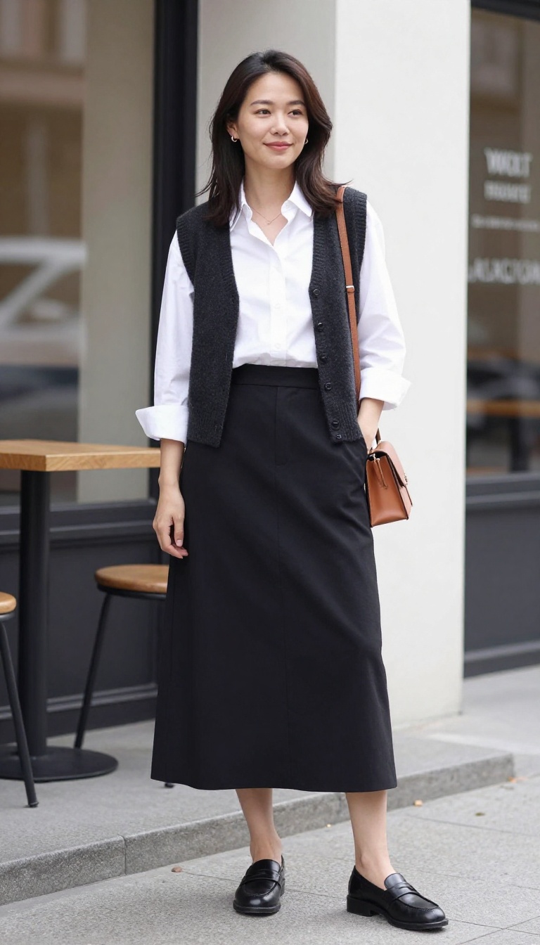 8. Long Black Skirt with a Button-Down Shirt and a Vest