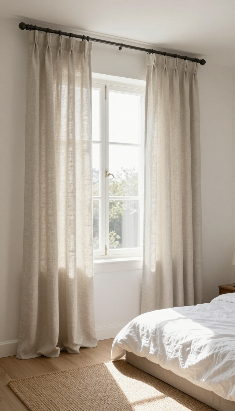Small bedroom with floor-to-ceiling linen curtains hung high and wide on a rod near the ceiling, letting in bright natural light.
