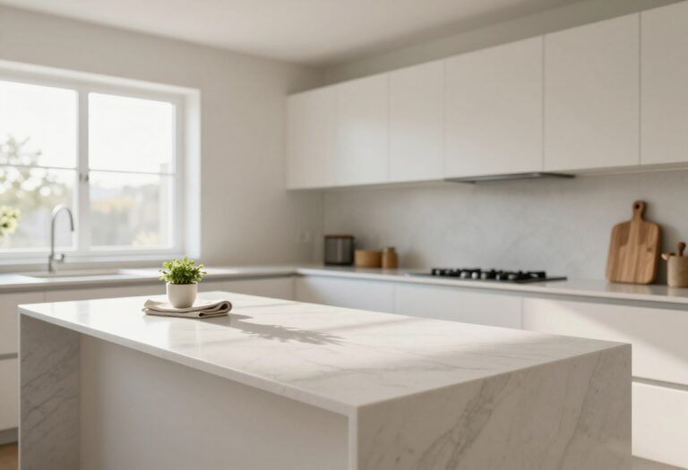Bright modern kitchen with a seamless white quartz countertop, subtle veining, clean edge, and minimal natural styling in soft daylight