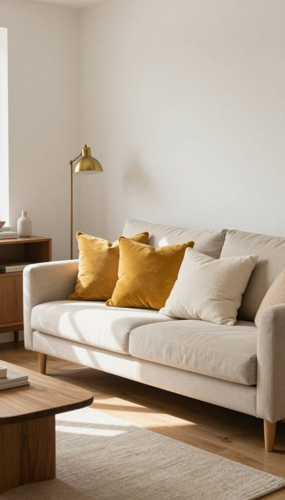 Neutral beige couch styled with mustard yellow throw pillows in velvet, linen, and woven textures, arranged asymmetrically with a cream pillow in a bright living room