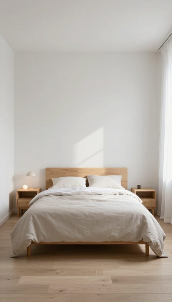 Bedroom with a deep grey accent wall behind a light wood bed, light neutral walls, simple nightstands, and bright natural light.