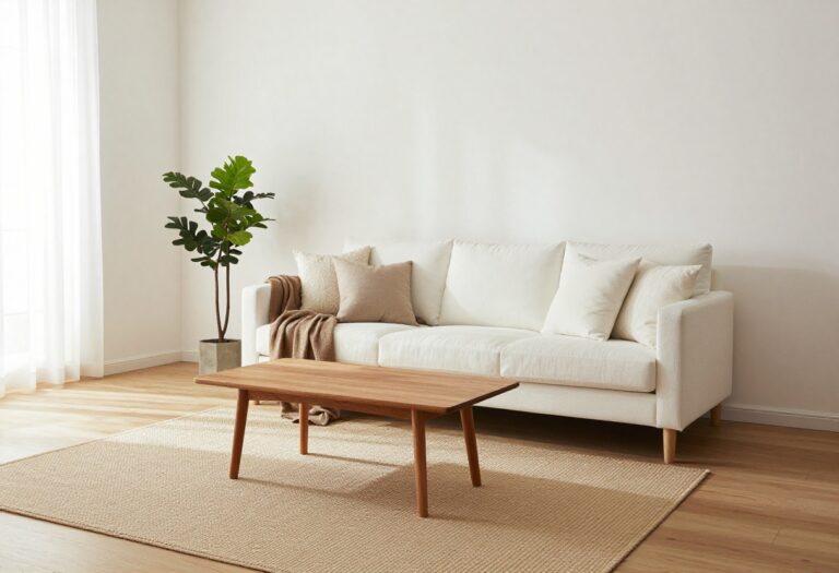 Bright living room with a white sofa styled with warm neutral beige rug, wood coffee table, cream throw pillows, and natural sunlight for a cozy blog hero image.