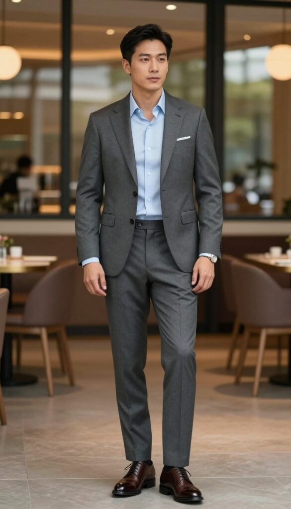 Man in charcoal suit with light blue shirt and polished oxfords in an upscale restaurant setting