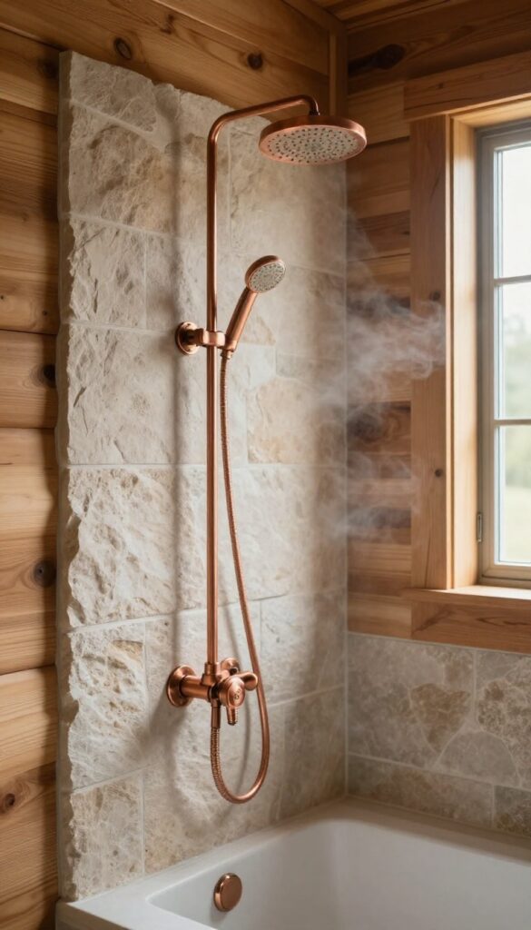 Rustic cabin shower featuring warm copper showerhead and handles against wood and stone, lit by bright natural light