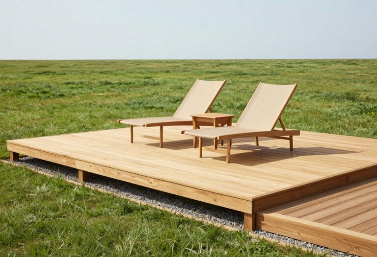 Low-profile floating wooden deck in a small backyard with slim outdoor lounge chairs on a sunny day
