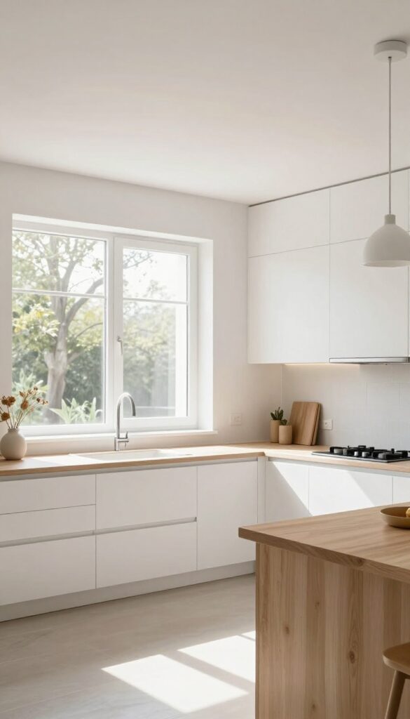 High-gloss painted kitchen ceiling reflecting natural light above sleek white cabinets and light wood counters in a bright, minimal kitchen.