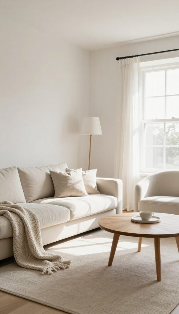 A bright living room with a light sofa angled toward a corner, a curved chair, round coffee table, and a floor lamp, creating a cozy corner-focused layout.