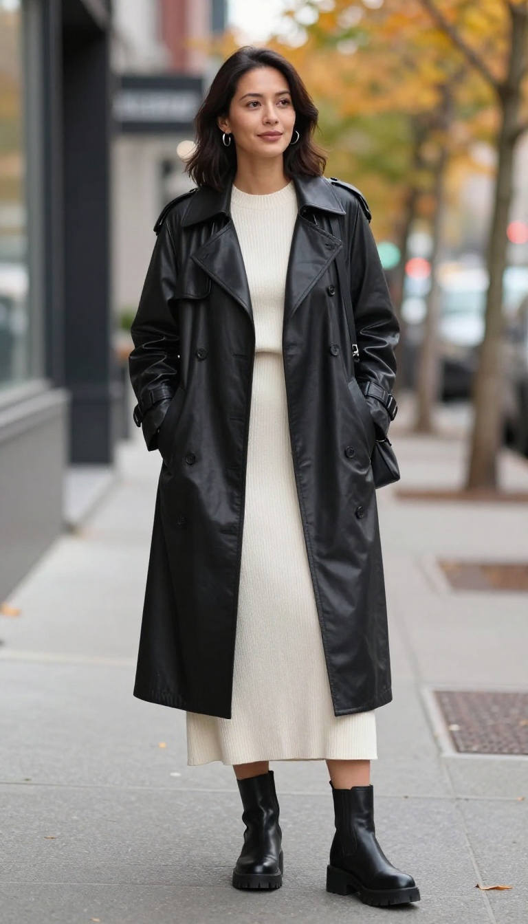 10. Faux Leather Trench With a Knit Dress and Platform Boots