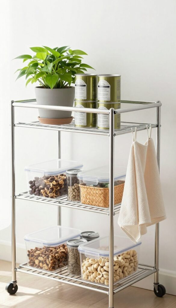 Slim metal rolling cart on a sunny balcony holding airtight containers and baskets as an outdoor pantry for a small apartment