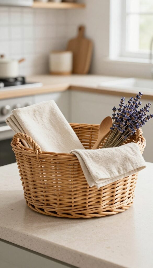 A woven basket centerpiece on a kitchen counter filled with folded beige linen, rolled cloth napkins, dried lavender, and a wooden spoon in bright natural light.