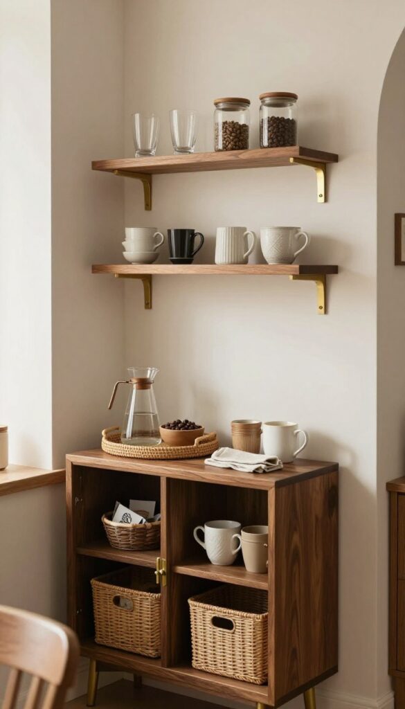 Bright living room alcove styled as a mini coffee and bar station with a dark wood cabinet, brass hardware, floating shelves, glass jars, mugs, and a woven tray in natural light.