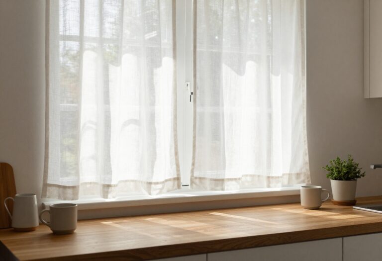 Cozy bright kitchen with white linen cafe curtains on a sunny window above the sink