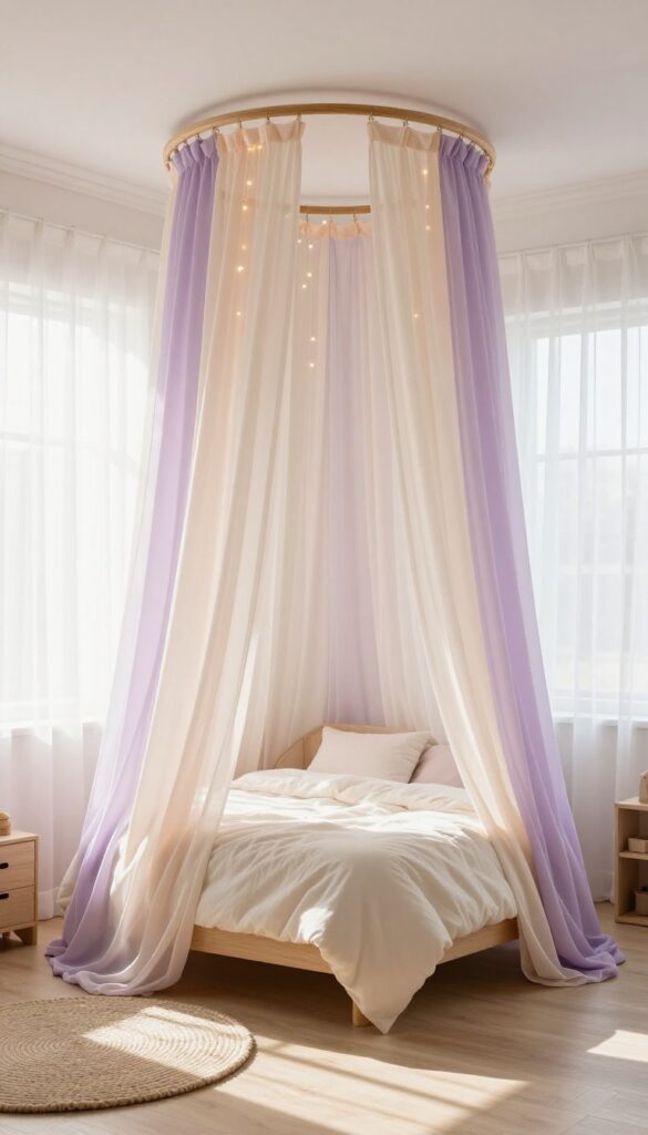 Bright kids' princess bedroom with a canopy bed draped in blush, cream, and lavender sheer fabric hanging from a circular ceiling rod, soft natural light, and a tidy pastel play area.