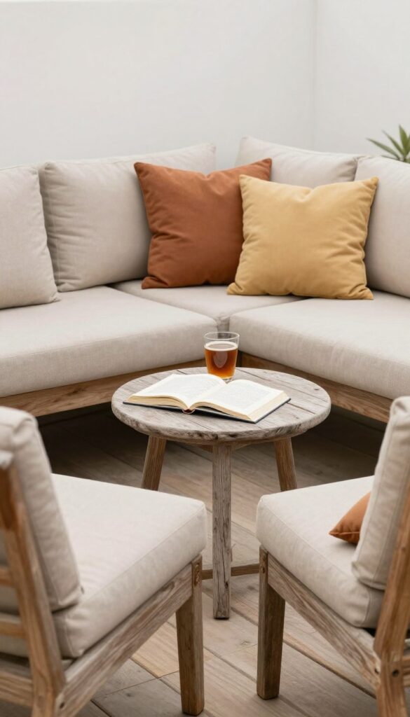 Cozy back deck seating corner with a mixed outdoor sofa, weathered wooden chair, and small side table arranged at relaxed angles under bright natural light.