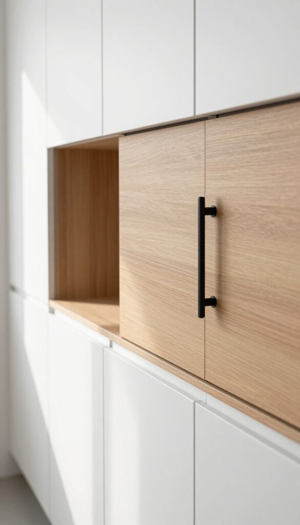 Modern kitchen cabinets with long matte black bar pulls and a seamless handle-free section in bright natural light