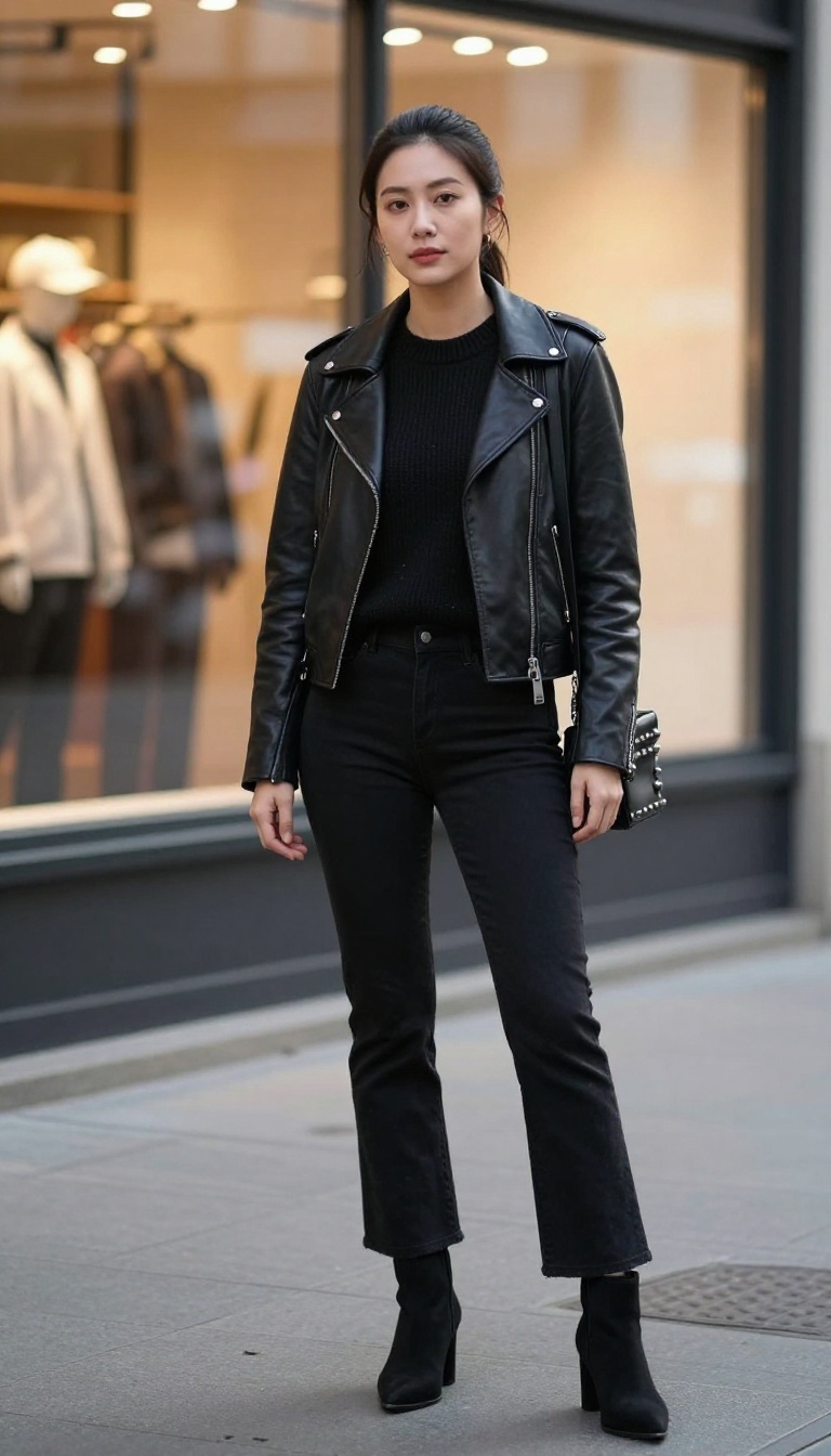 8. Mock-Neck Sweater and Leather Jacket for Edgy Evenings