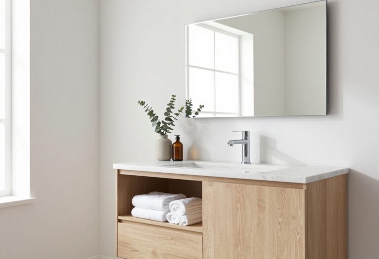 Bright modern bathroom with a flush recessed mirror cabinet above a floating vanity, reflecting natural light and tidy hidden storage