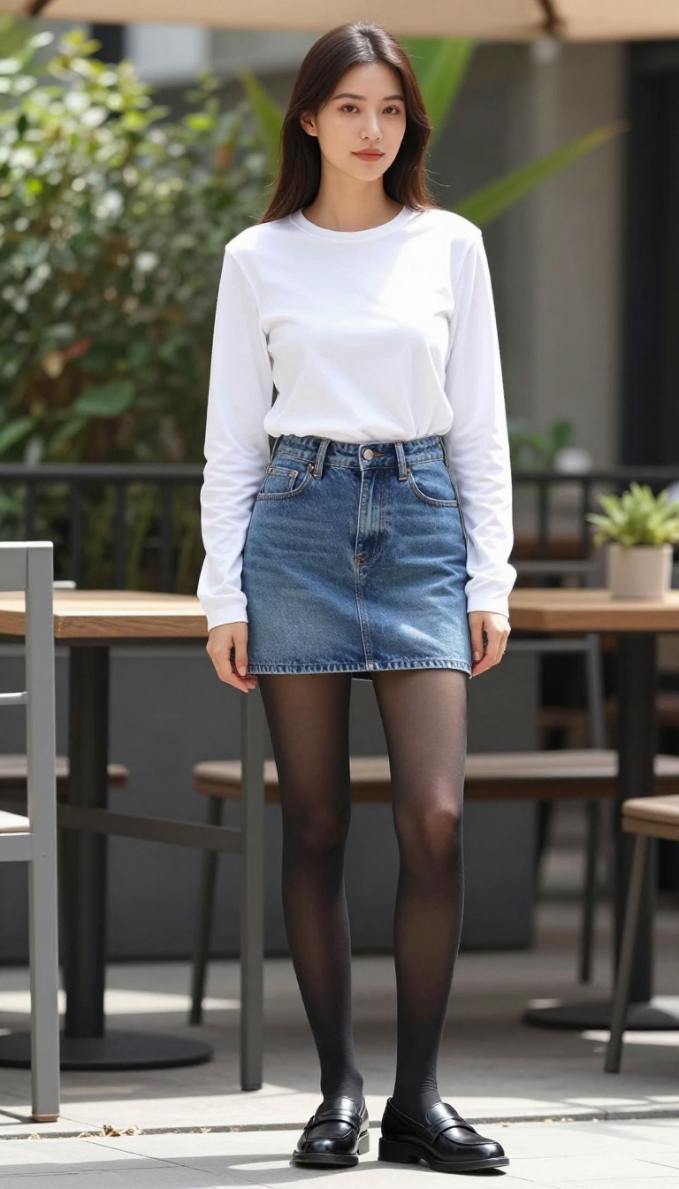 4. Denim Mini Skirt with Tights and Loafers