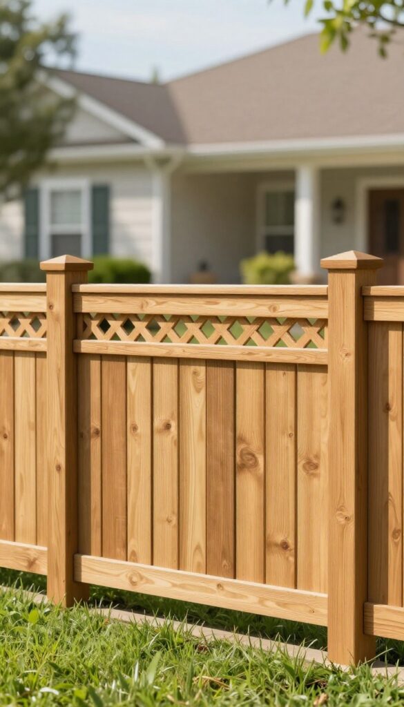 Warm wood-stained front yard privacy fence with solid lower boards and decorative lattice top, sunlight filtering through the lattice onto a green lawn and shrubs