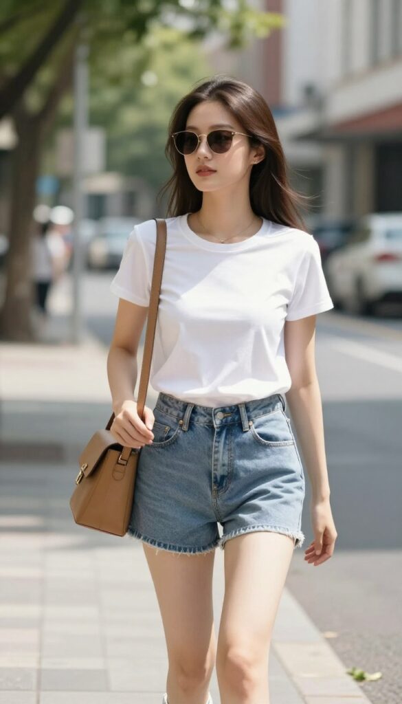 Woman wearing a plain white t-shirt tucked into high-waisted denim shorts with white sneakers, gold jewelry, sunglasses, and a crossbody bag, standing outdoors in bright summer sunlight.