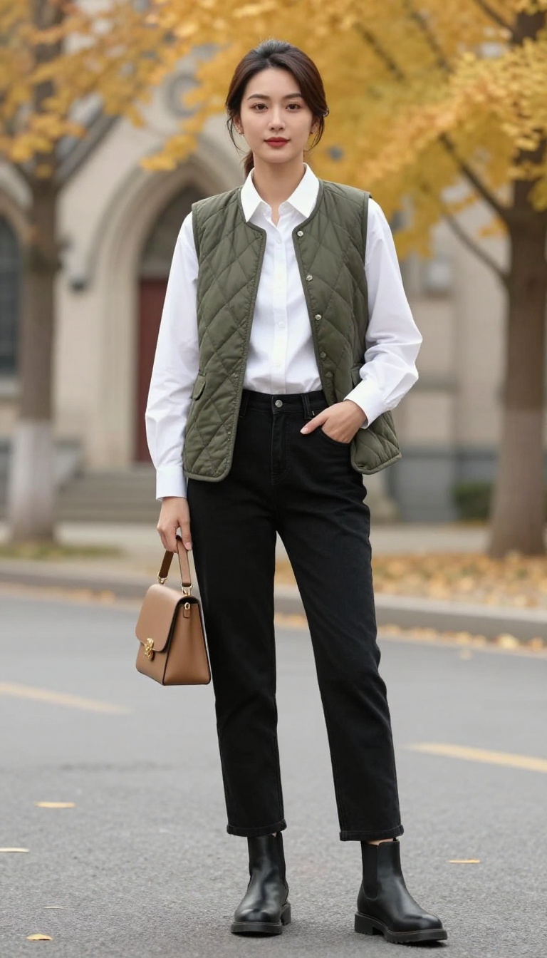 3. Black Jeans, a White Button-Down, and a Quilted Vest