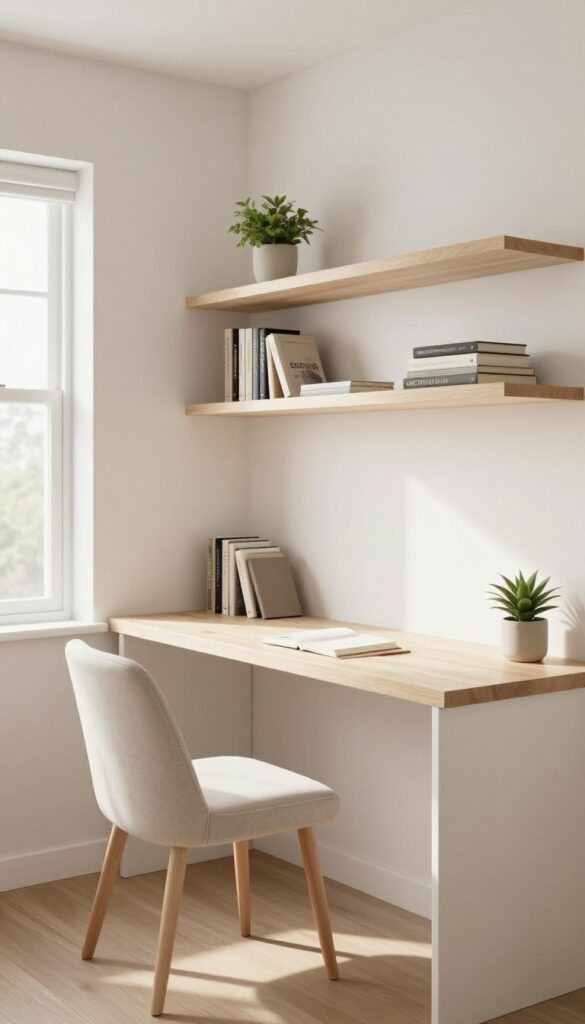 Bright bedroom with a wall-length built-in desk painted the same soft white as the walls, floating shelves above, and a chair tucked underneath in natural light