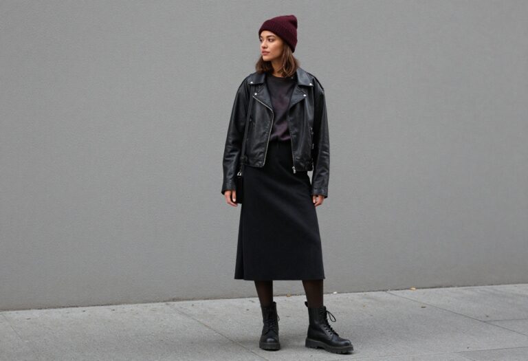 Woman wearing a faded black slip skirt, band tee, leather jacket, and combat boots in a casual grunge outfit on a city street.