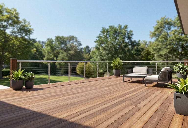 Modern backyard deck with horizontal cable railings and dark wood posts in bright natural light