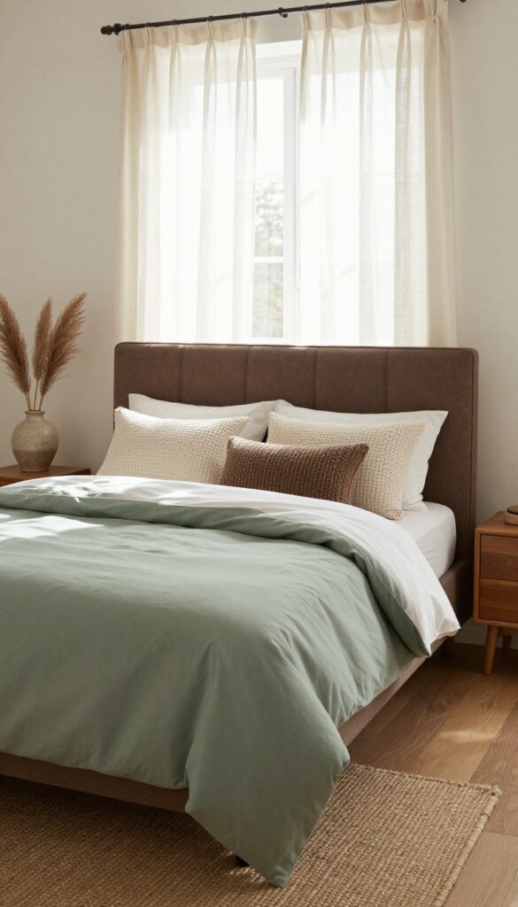 Sage green bedding with a chocolate brown upholstered headboard in a bright earthy bedroom with natural light and textured throw pillows
