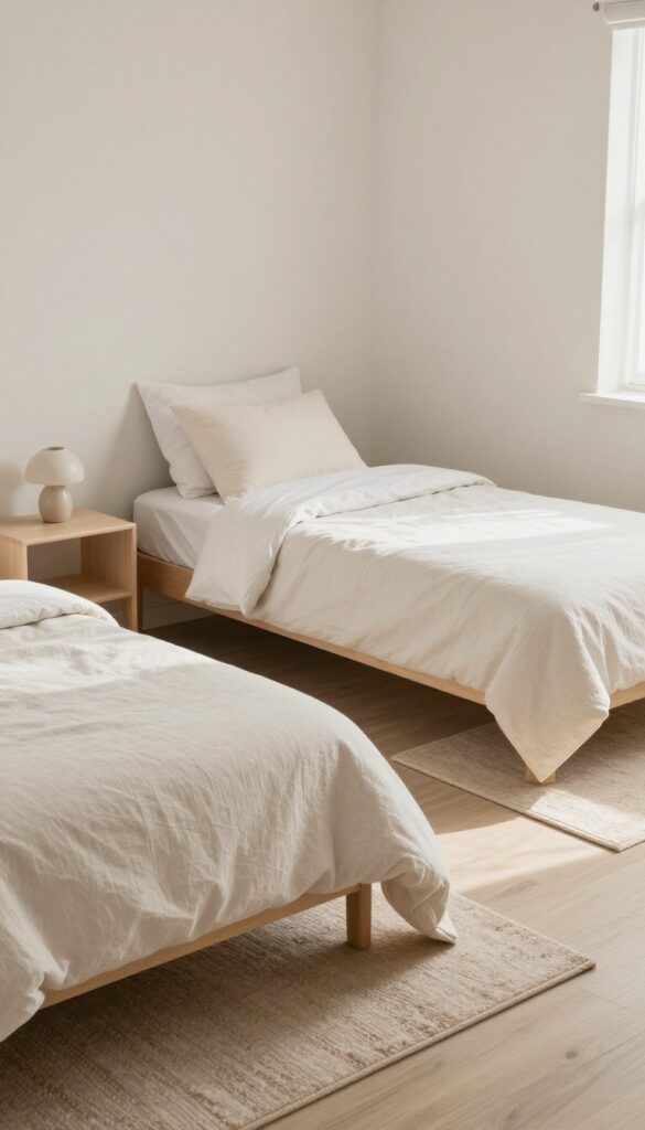Small shared bedroom for two sisters with two twin beds, each bed on its own complementary soft-colored area rug defining separate personal zones under bright natural light