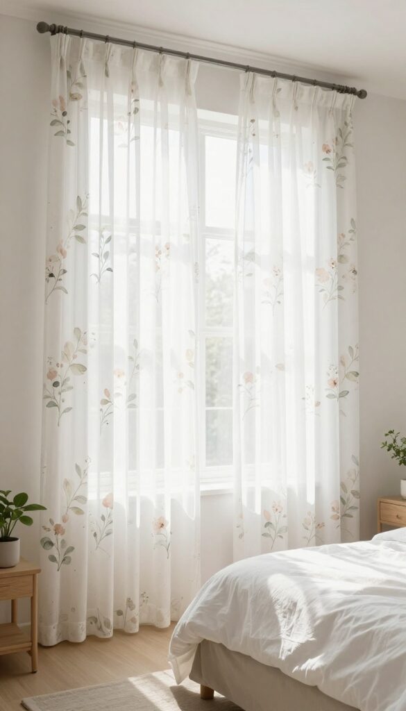 Bright bedroom with light floral curtains softly diffusing natural sunlight, neutral walls, and white bedding for a fresh, airy makeover.