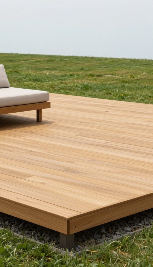 Minimalist floating platform deck built just above ground level in a small green backyard with low modern seating and bright natural light