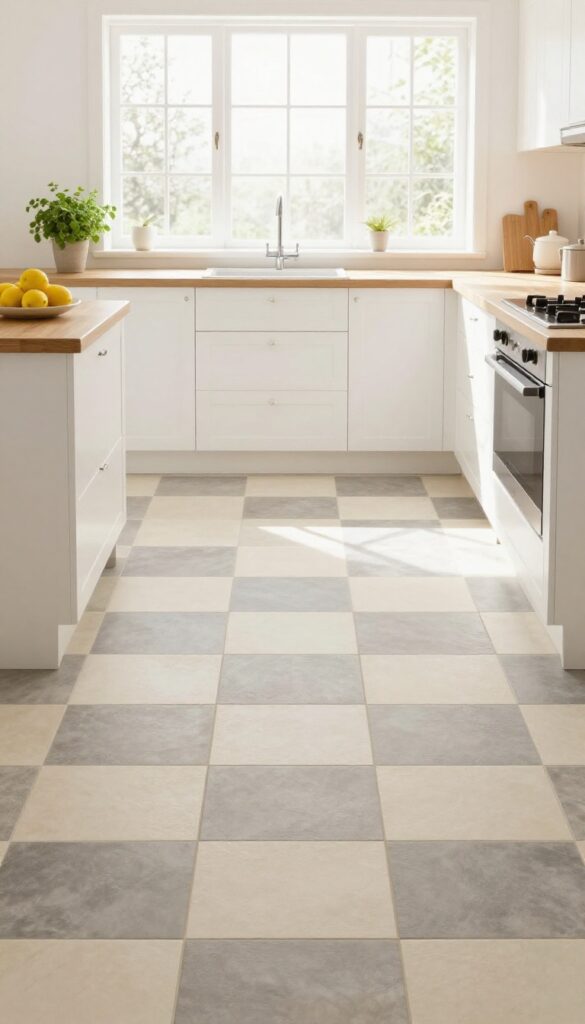 Bright kitchen with a cream and warm gray checkerboard tile floor, white cabinets, and natural light.