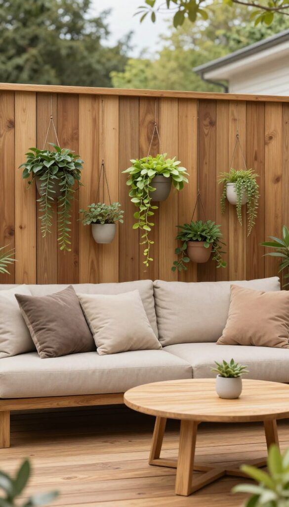 Cozy corner lounge area on a wooden deck with a modern wood slat privacy screen, sectional sofa, neutral cushions, and hanging planters in bright natural light