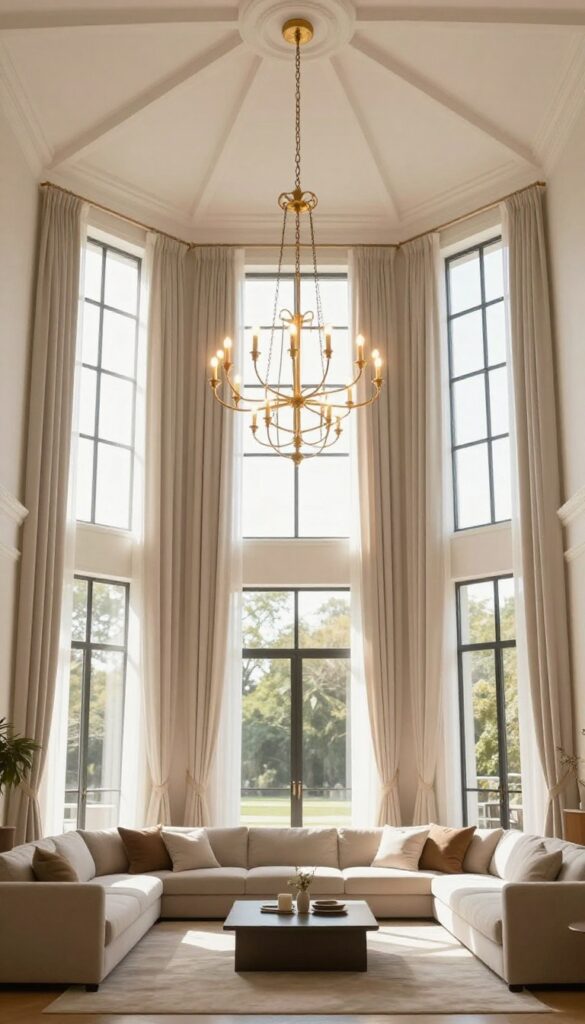 Two-tier chandelier hanging from a vaulted ceiling in a bright living room with tall windows and long curtains, filling the vertical space above a sofa.