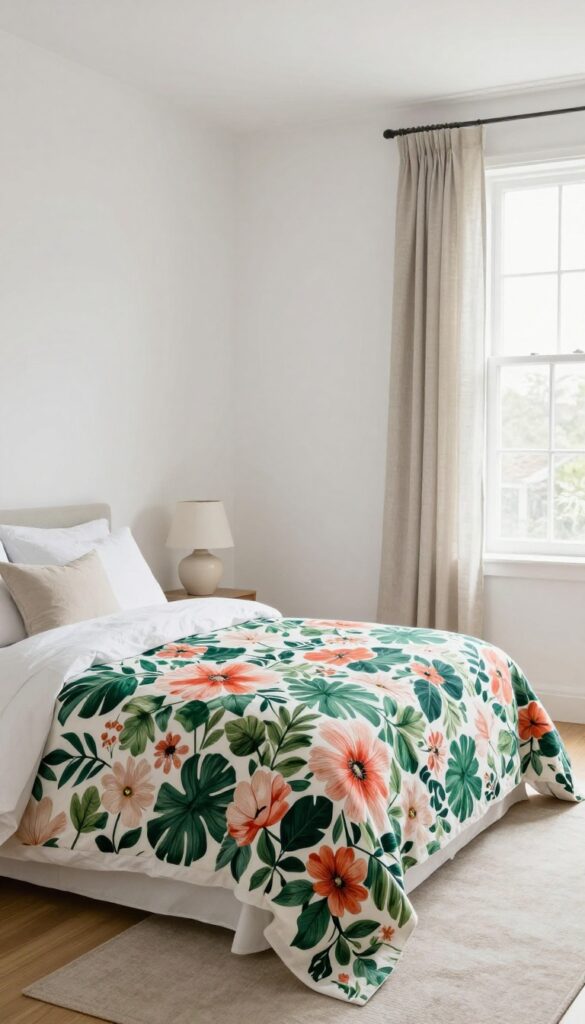 Bright white bedroom with a bold oversized botanical floral comforter as the focal point, styled with minimal bedside decor and solid neutral curtains in natural daylight