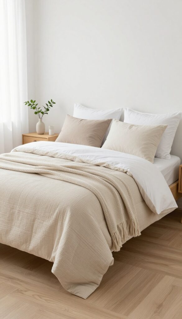Bright bedroom with a neatly made bed layered with neutral sheets, a textured duvet, decorative pillows, and a folded throw blanket in coordinated tones