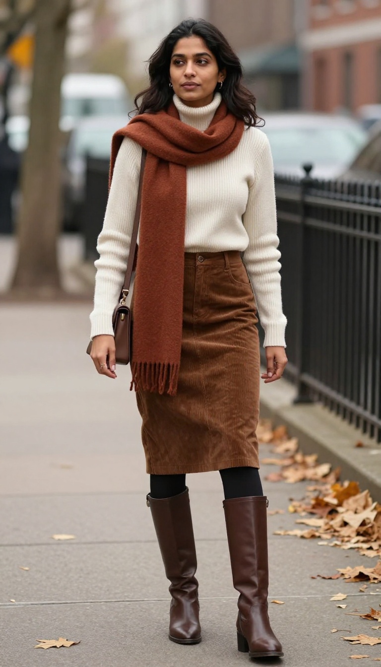 8. Corduroy Skirt and Tights for Cooler Fall Days