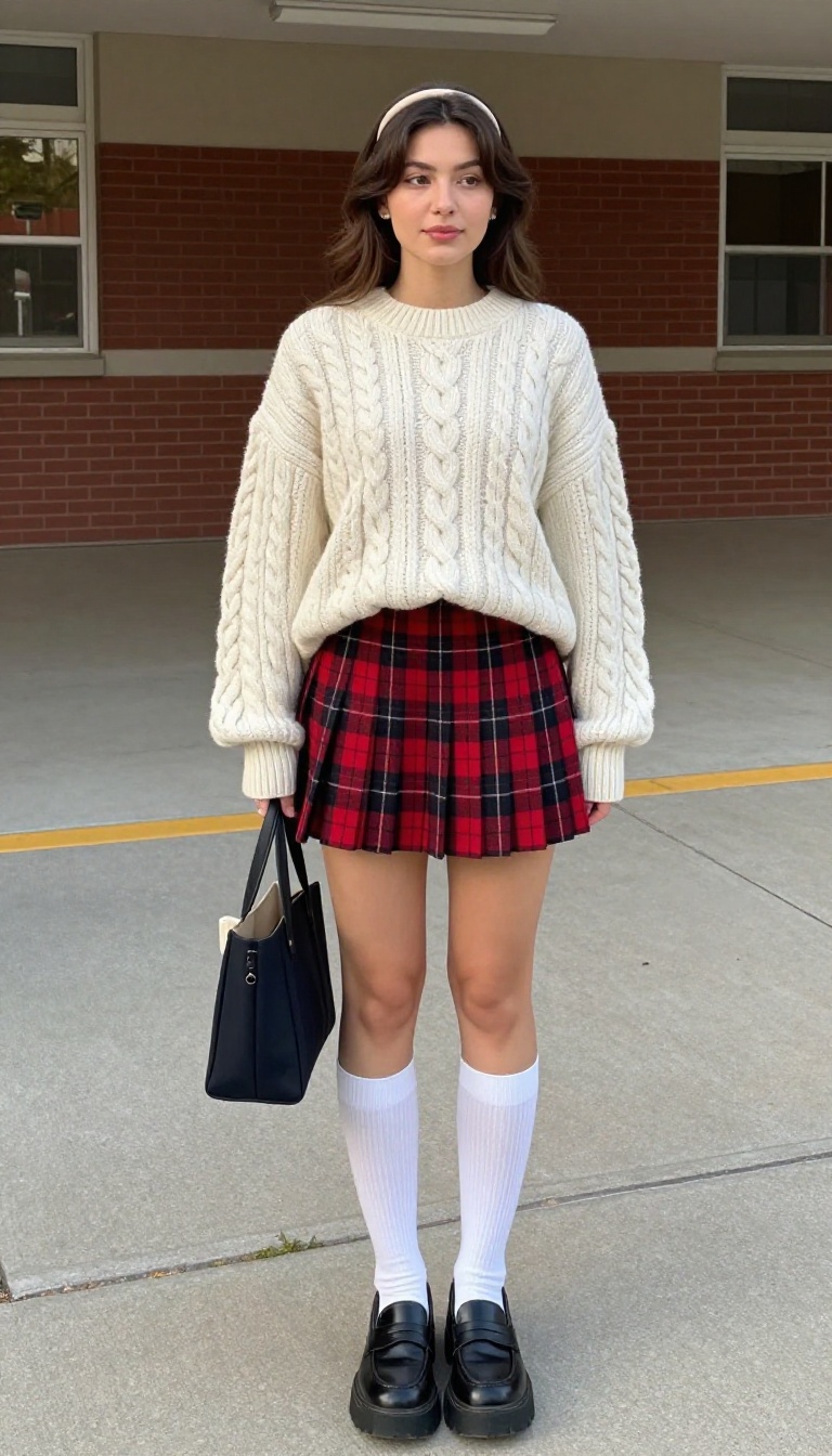 2. Pleated Mini Skirt + Oversized Sweater + Knee-High Socks