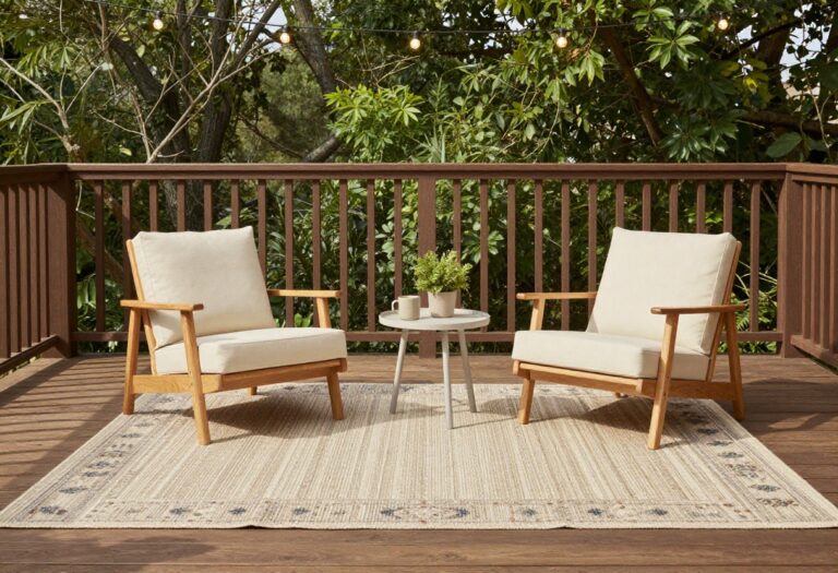 Cozy back deck with layered outdoor rugs, cushioned chairs, potted plants, and warm string lights in bright natural daylight