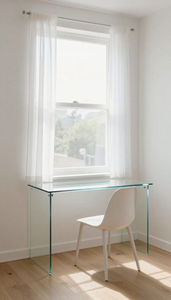 A bright bedroom with a slim glass desk placed in front of a large window, sheer curtains, and natural daylight filling the space.