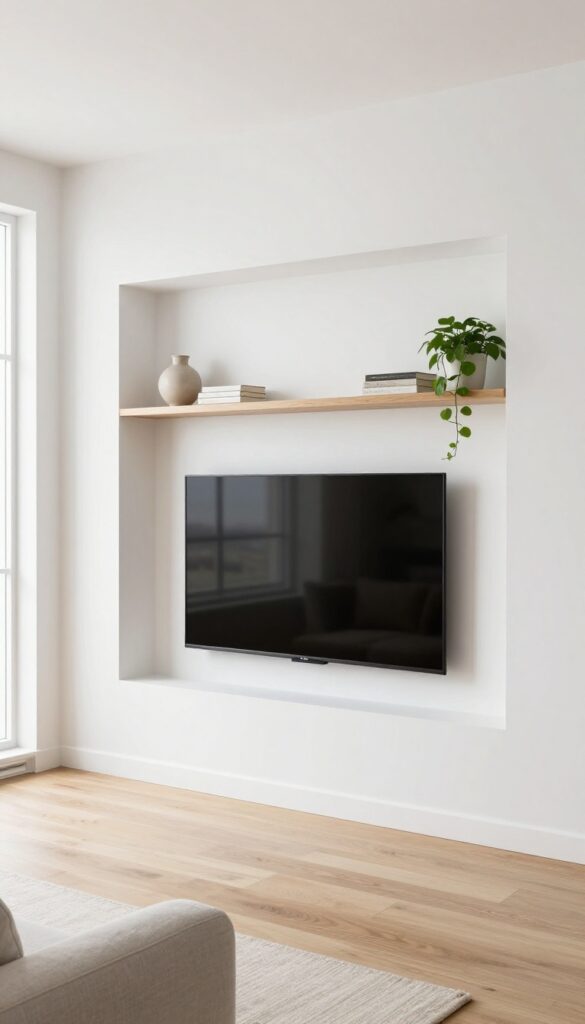 Bright living room with a centered TV flanked by two symmetrical recessed wall niches with floating shelves, styled minimally with plants and books for a built-in look.