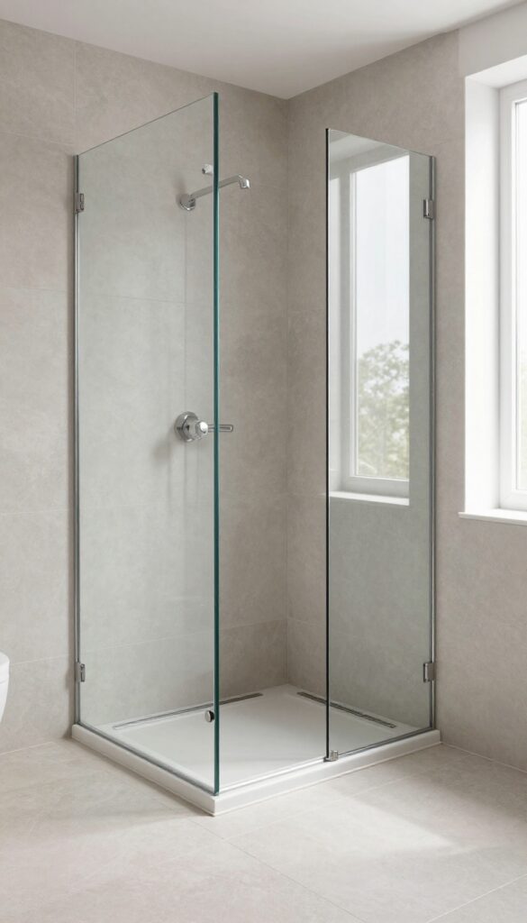 Modern walk-in shower with a sleek linear drain set along the wall edge and large gray floor tiles continuing seamlessly into the shower area.