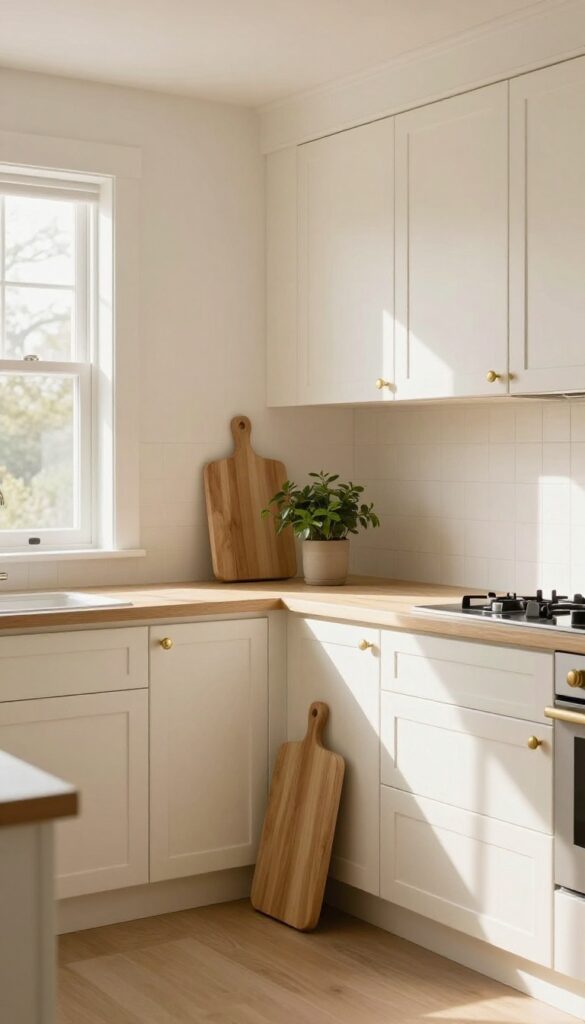 Bright cozy kitchen with warm white walls matching cream cabinets, natural morning light, wood cutting board and greenery on the counter