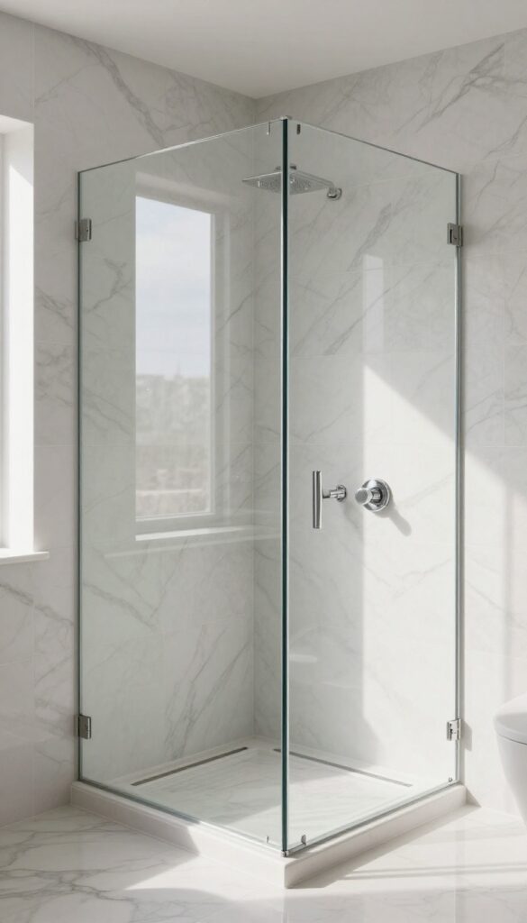 Bright modern bathroom shower wall covered in white marble-look porcelain tiles with soft gray veining, a glass panel, and chrome fixtures in natural light